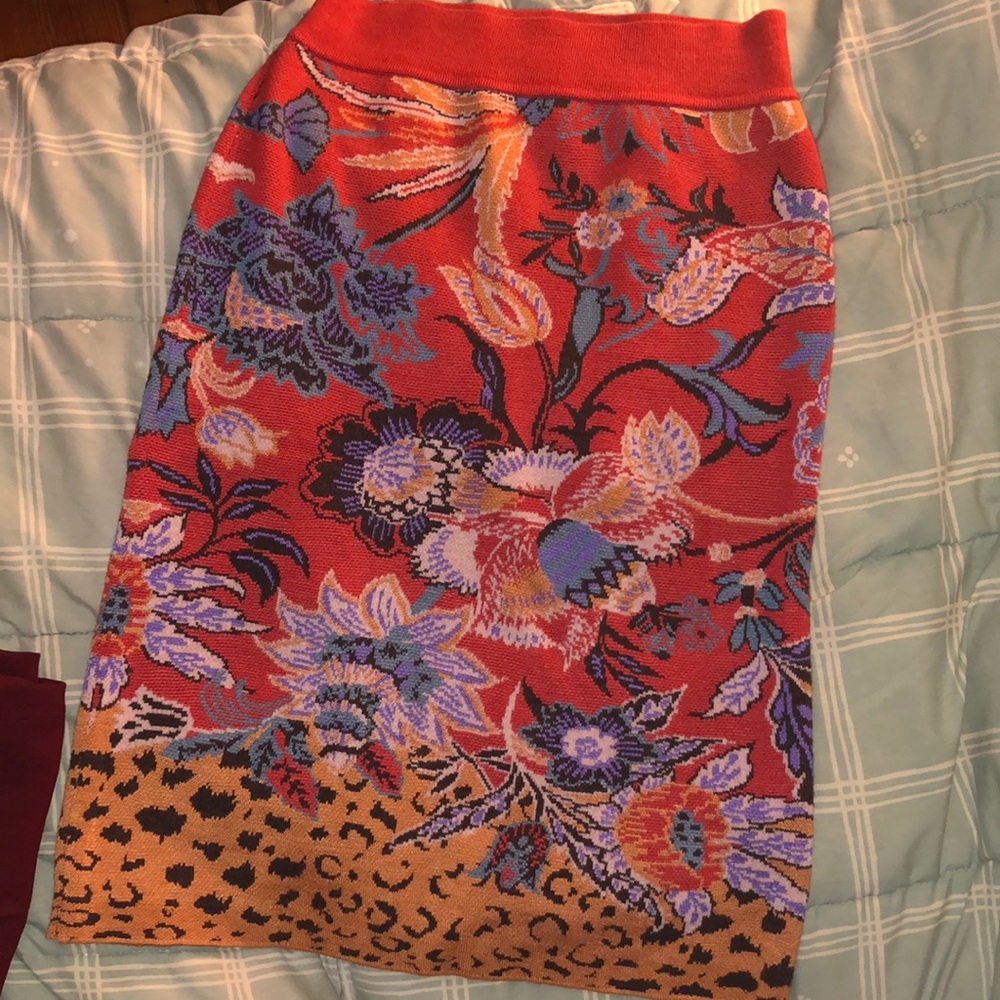 Anthropologie Red Floral Knit Pencil Skirt with Leopard Hem